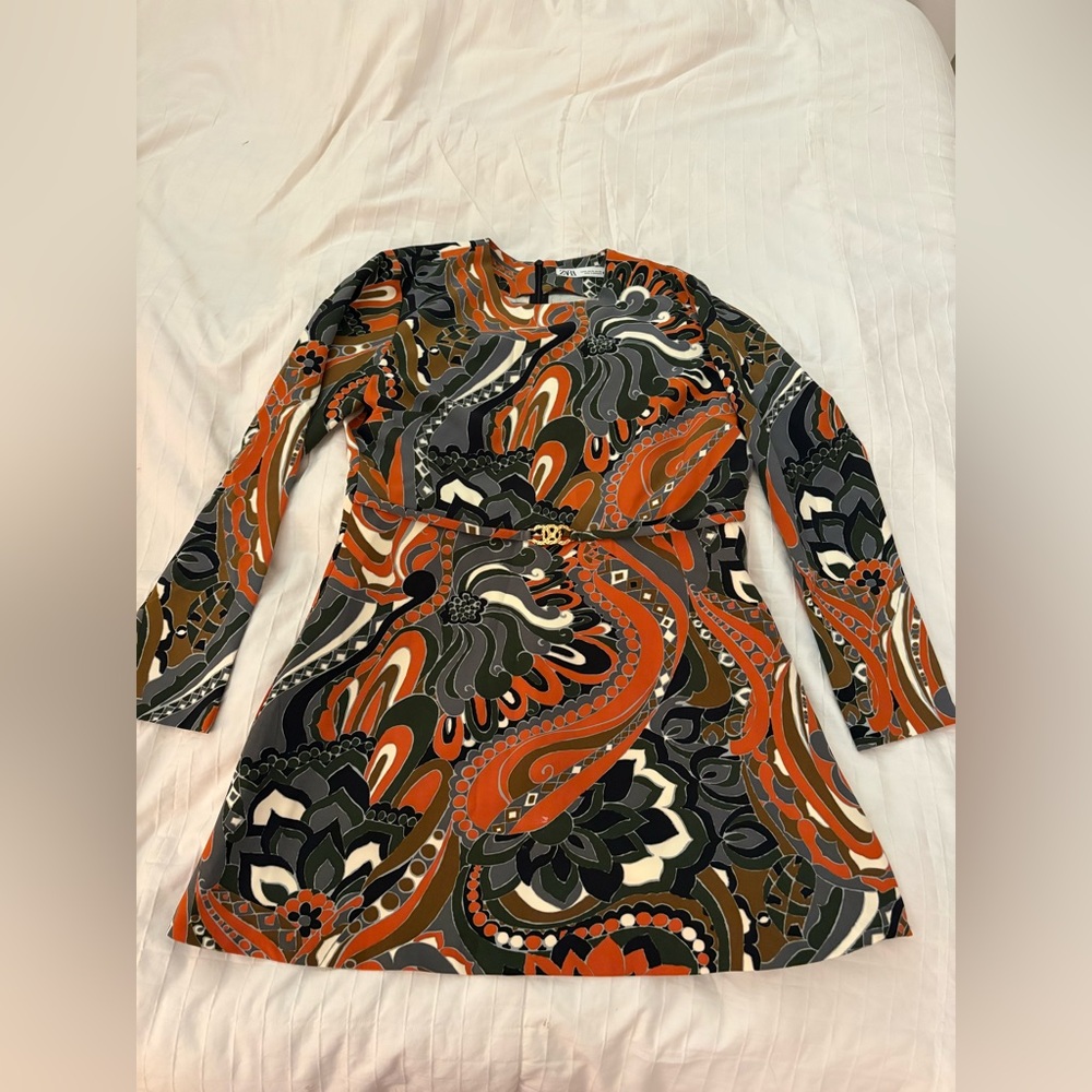 Long Sleeve Paisley Print by ZARA ,  A-Line Dress in Orange & Olive XL, So cozy